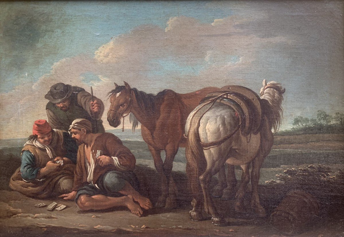 Paolo Monaldi (après 1710-après 1779)  Escale à La Campagne.  Un Jeu De Cartes. 2 Tableaux.  -photo-2