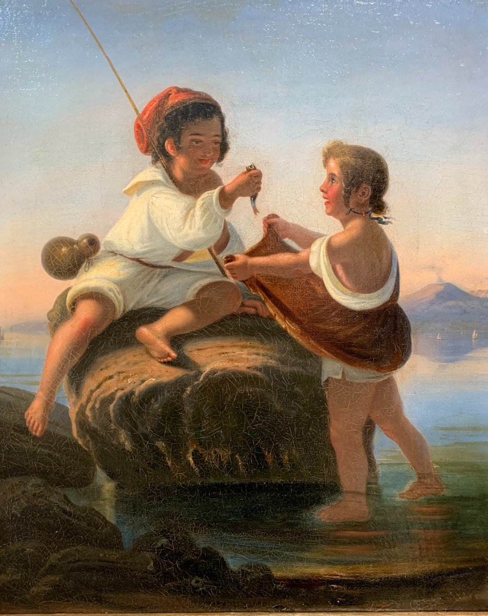 Petits Pêcheurs Napolitains. XIXe Siècle. Golfe De Naples Avec Le Volcan De Vésuve.