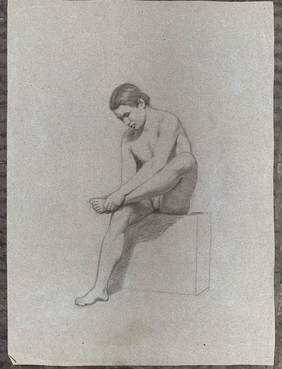 Dessin d'école Italienne Du XIXème Siècle. Etude Académique De La Figure Du Jeune Homme Nu. -photo-4