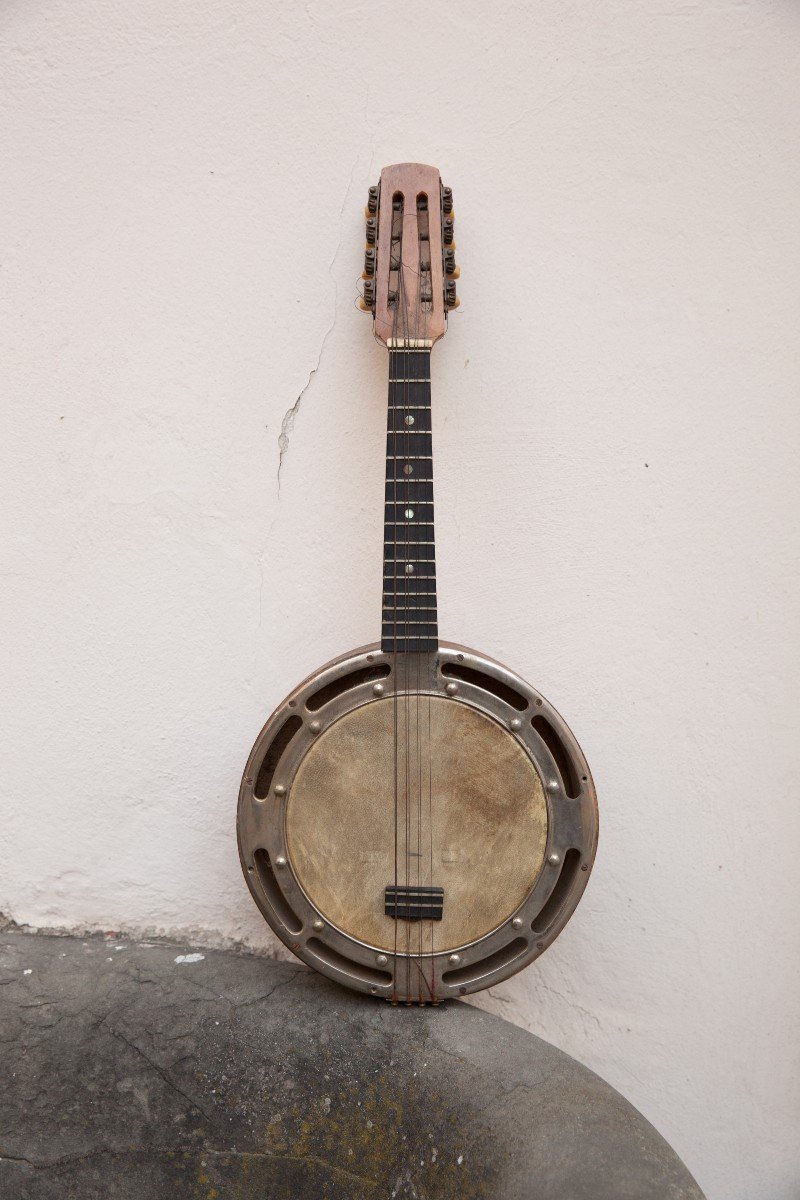 Un Banjo. Instrument De Musique Signee Achille Jacomoni à Restaurer En Bois Marqueté. -photo-2