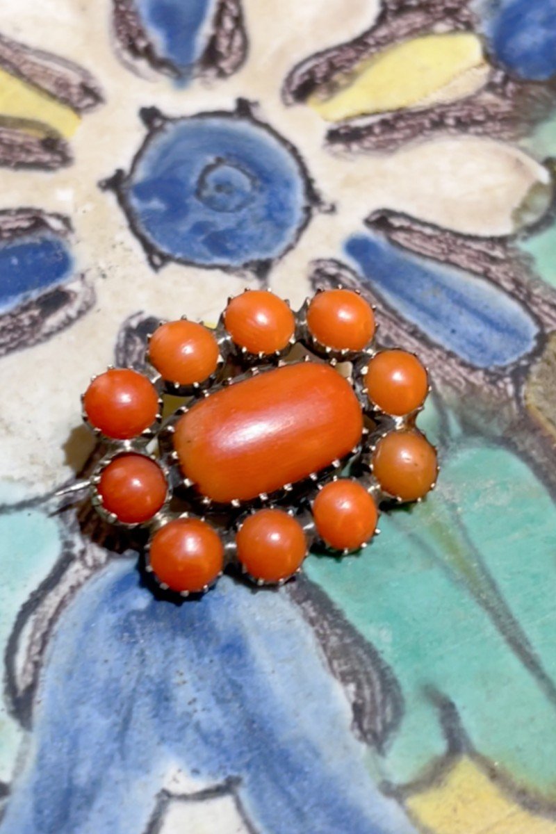 Early 19th Century Georgian Era English Coral And Low Carat Rose Gold Brooch.-photo-1