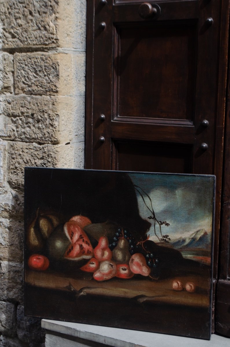 Still Life With Watermelon, Pears, And Grapes. Lombard School Of The 17th-18th Centuries.-photo-4