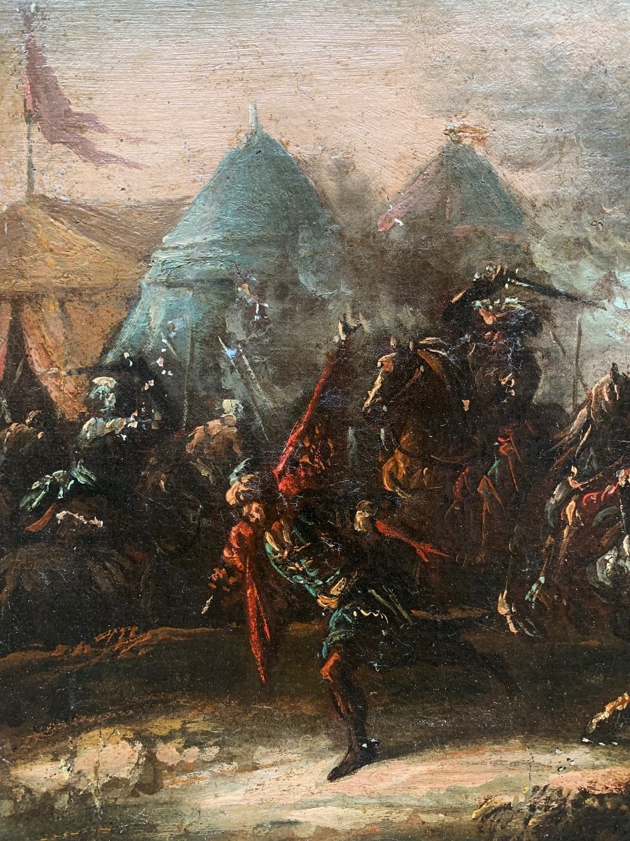 Military Camp Scene, With Tents And A Turk In A Turban Stealing The Banners.