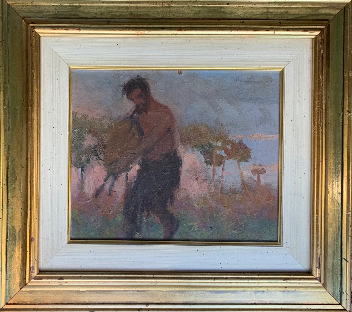 Satyr Playing The Bagpipes At Sunset. Symbolist Painting From The Early 20th Century-photo-1