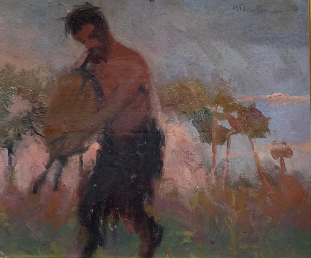 Satyr Playing The Bagpipes At Sunset. Symbolist Painting From The Early 20th Century-photo-4