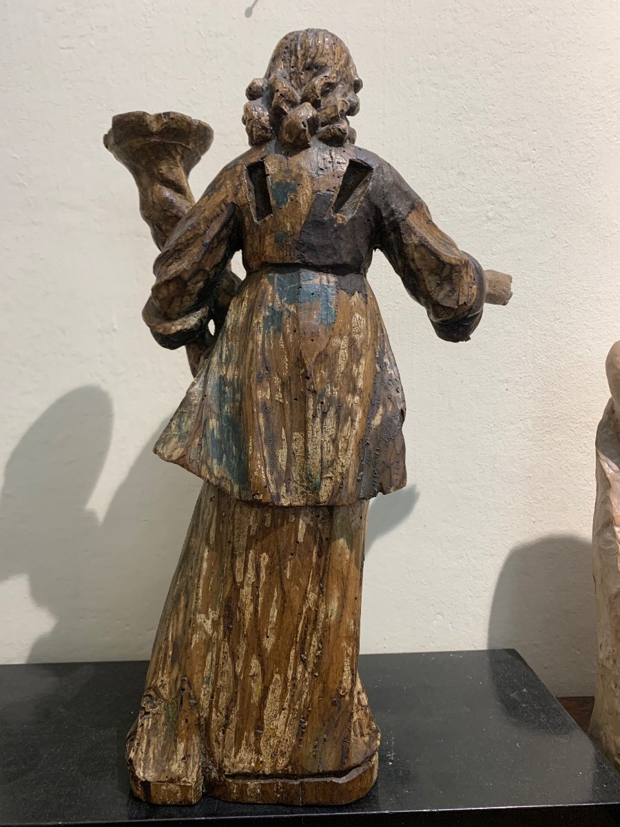 Angel Candle Holder, Polychrome Wooden Sculpture, 17th Century-photo-2