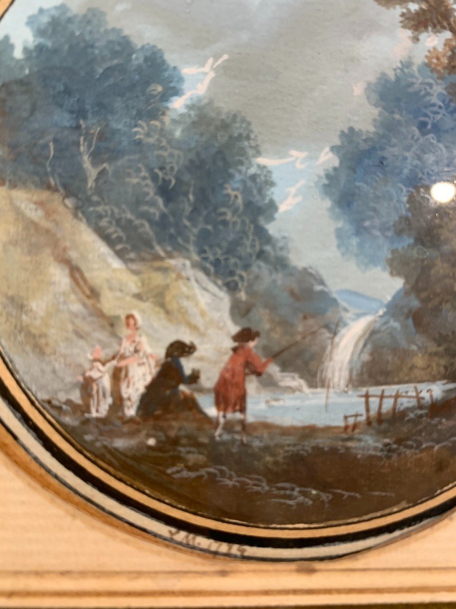 Gouache Sur Papier Monogrammé L M, Daté 1784 : Paysage Avec Cascade Et Pêcheur-photo-2