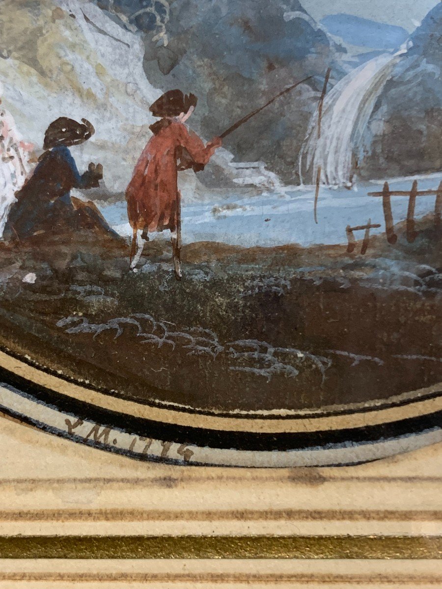 Gouache Sur Papier Monogrammé L M, Daté 1784 : Paysage Avec Cascade Et Pêcheur-photo-3