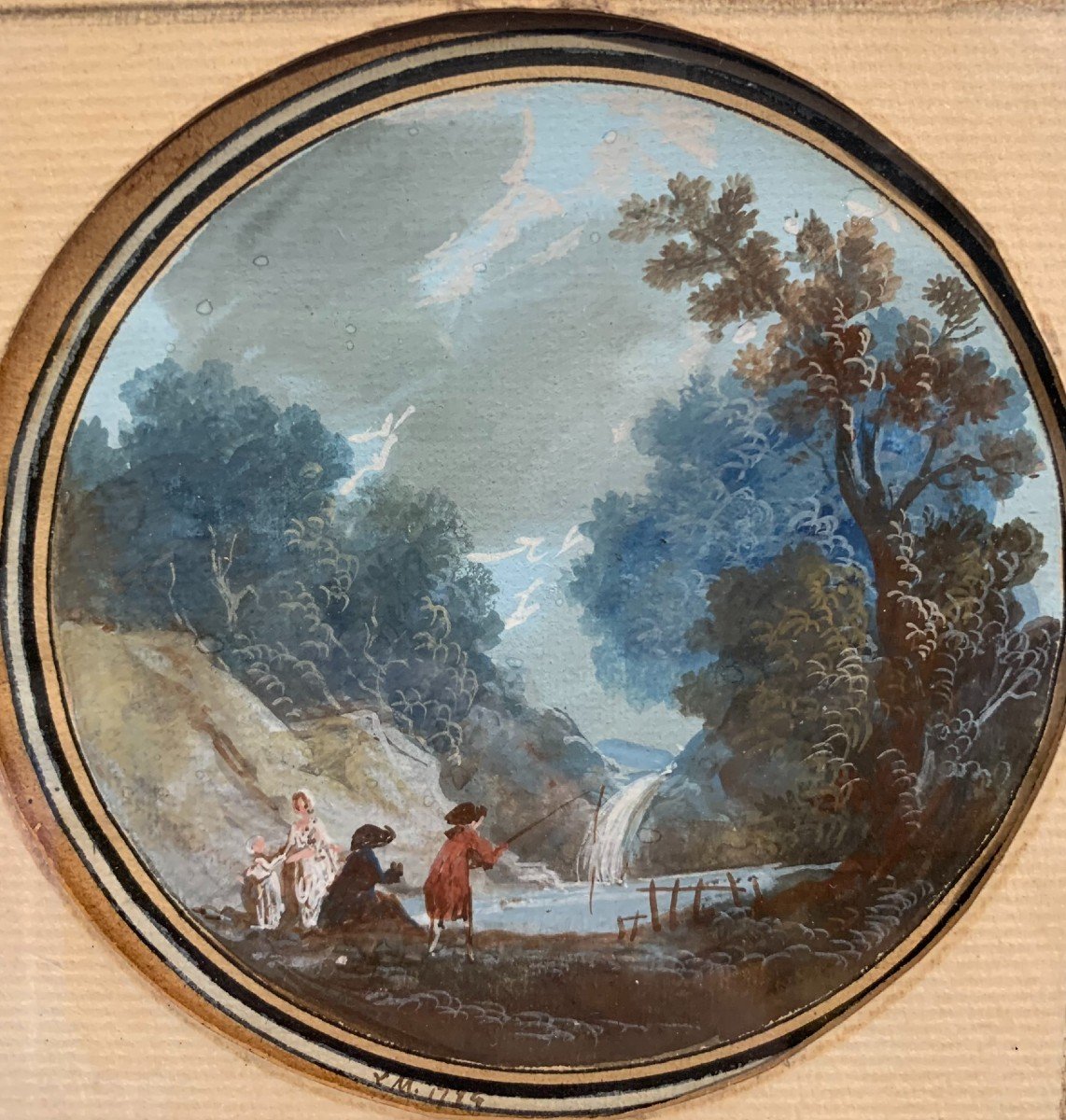 Gouache Sur Papier Monogrammé L M, Daté 1784 : Paysage Avec Cascade Et Pêcheur-photo-4