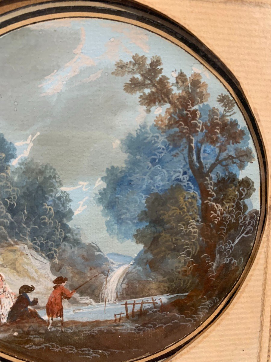 Gouache Sur Papier Monogrammé L M, Daté 1784 : Paysage Avec Cascade Et Pêcheur-photo-1