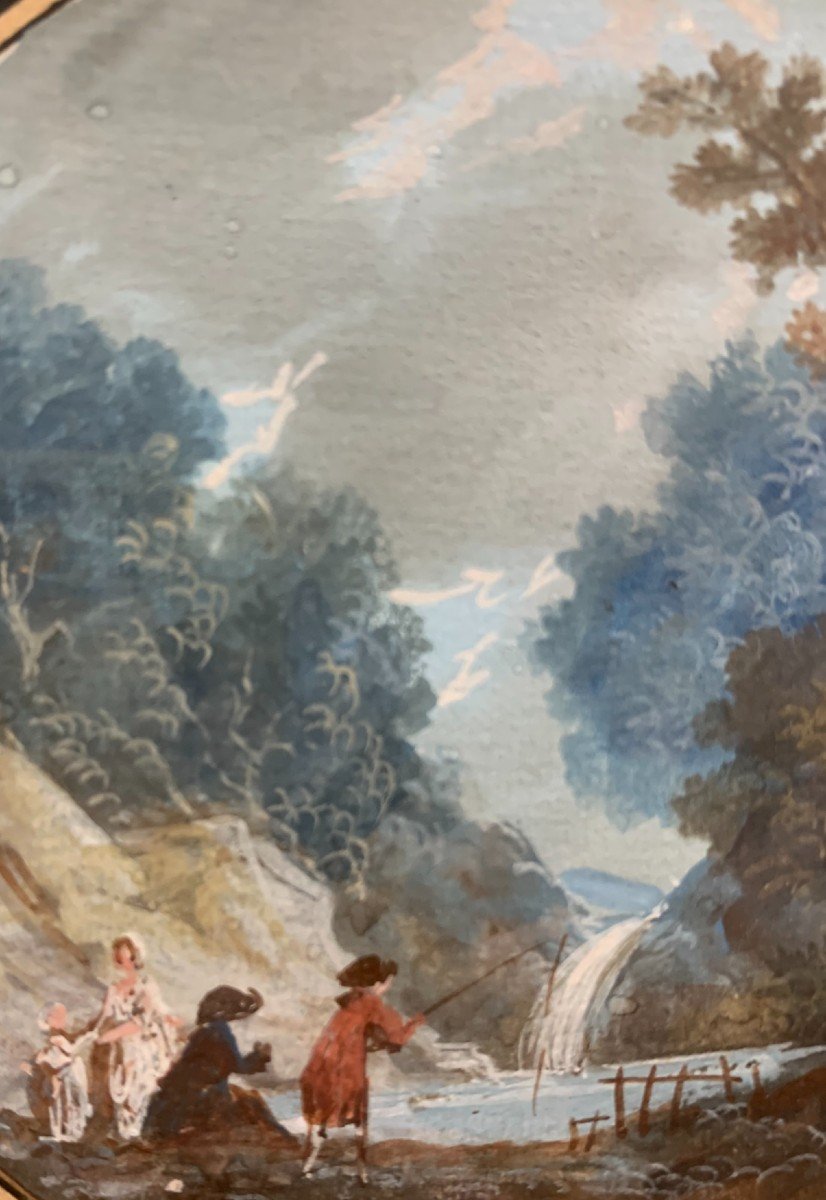 Gouache Sur Papier Monogrammé L M, Daté 1784 : Paysage Avec Cascade Et Pêcheur-photo-4