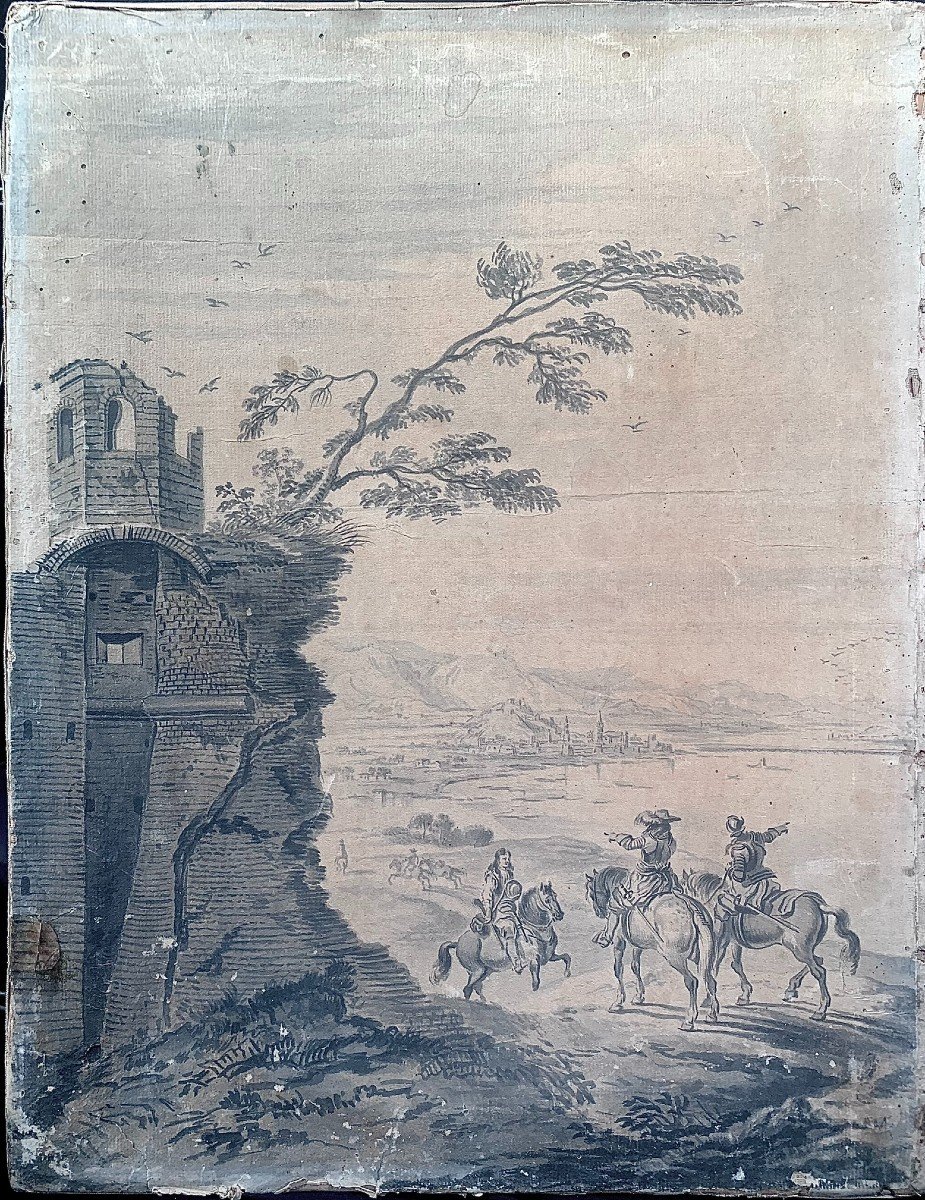 Dessin d'Hommes à Cheval Avec Ruines Et Ville En Arrière-plan .