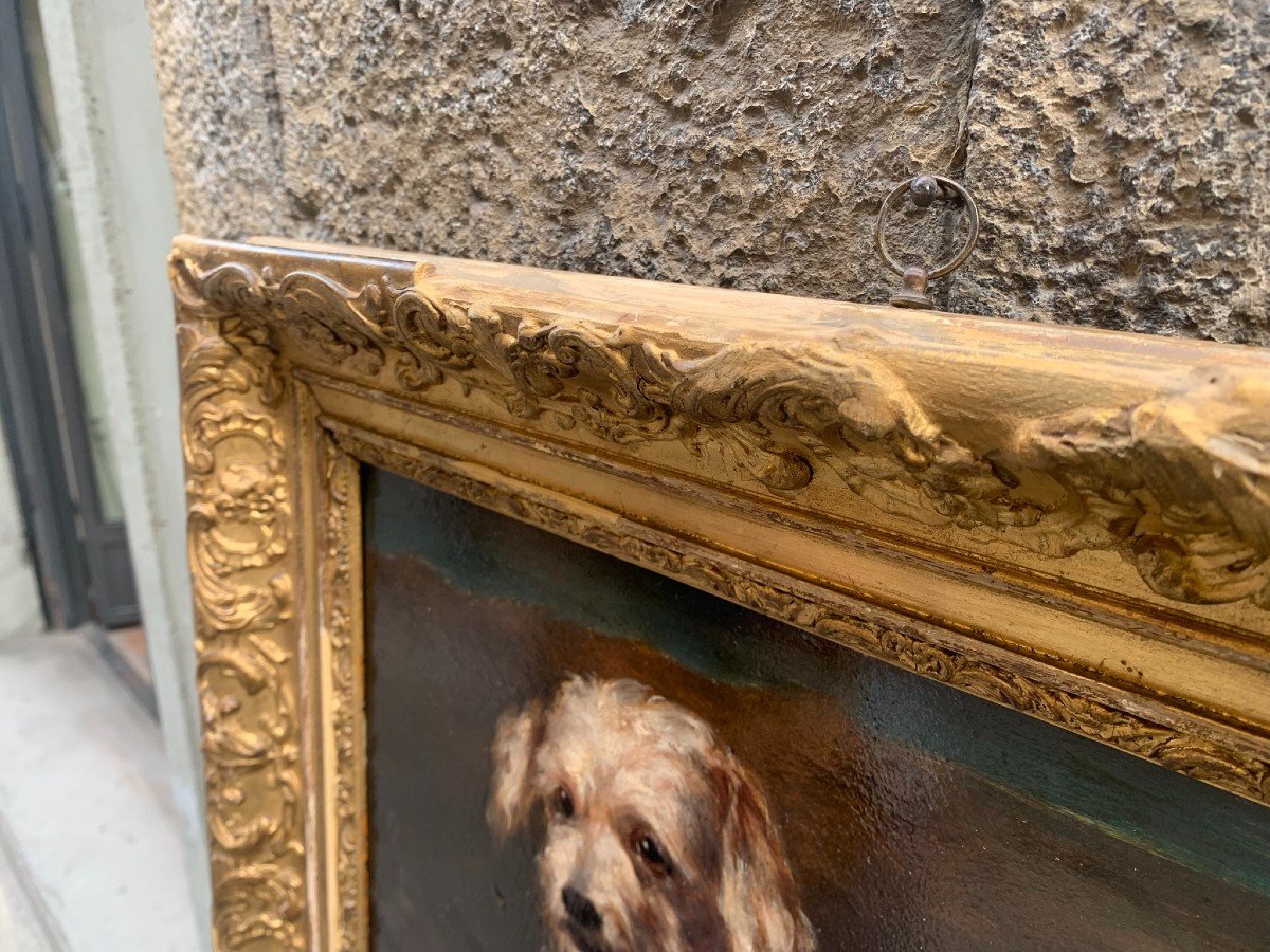 Peinture à l'Huile Sur Panneau De Terrier Allongé Avec Cadre Doré d'époque - Fin XIXe Siècle-photo-5