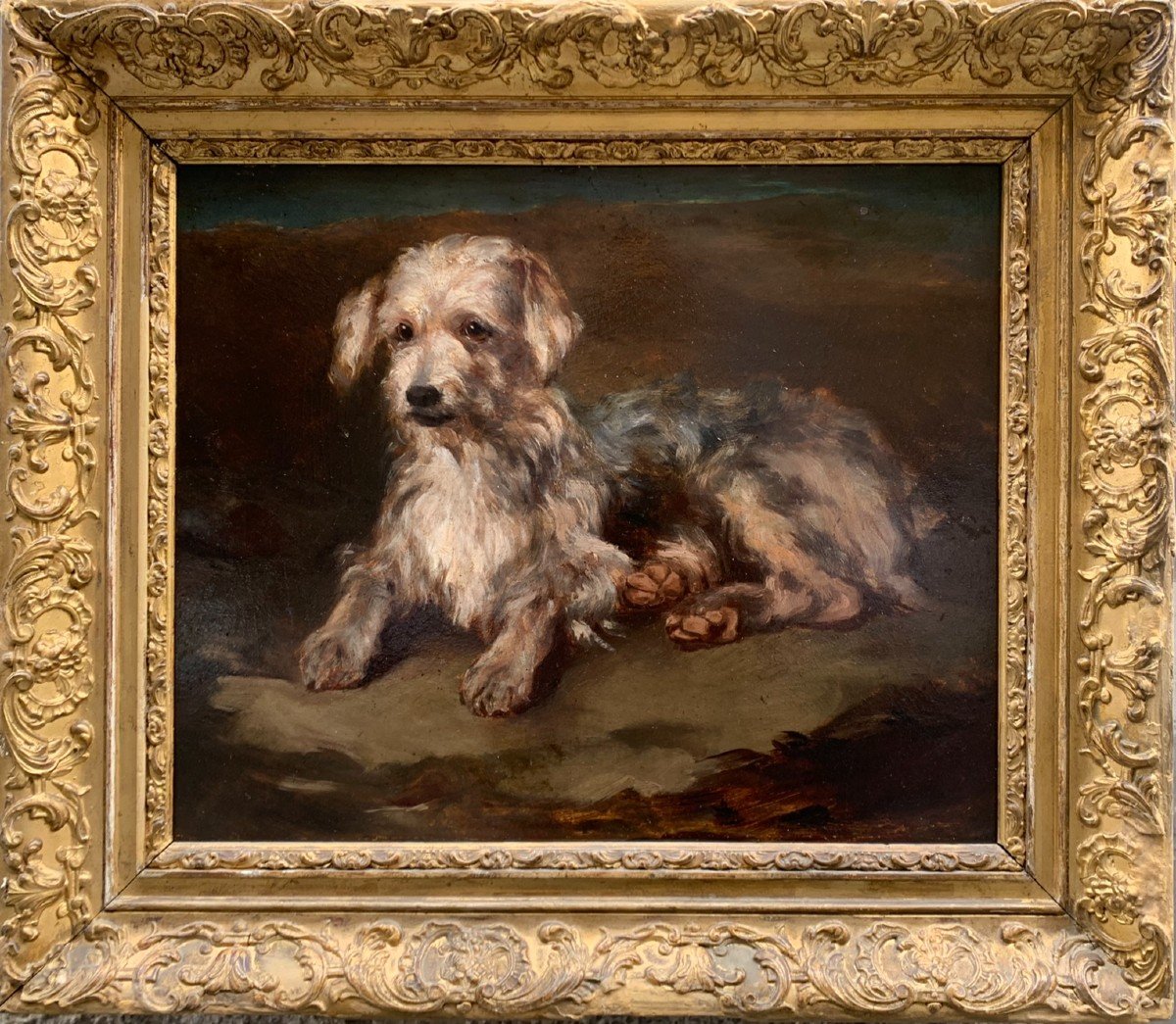 Peinture à l'Huile Sur Panneau De Terrier Allongé Avec Cadre Doré d'époque - Fin XIXe Siècle