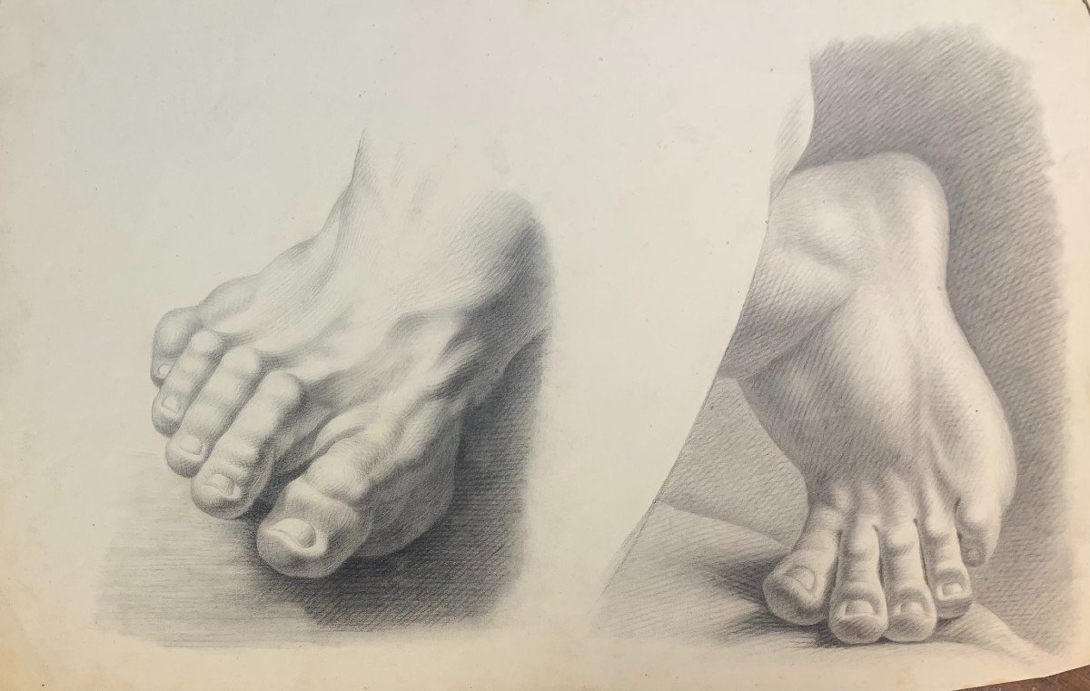 Academic Study From The Accademia Albertina: Study Of Two Plaster Feet, 19th Century-photo-8