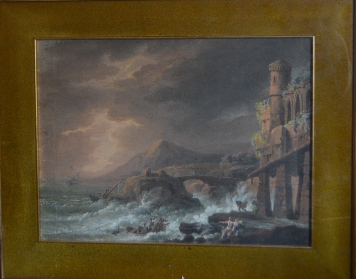 Gouache Du Naufrage Dans La Tempête Avec Ruines Gothiques, Début XIXe Siècle-photo-4