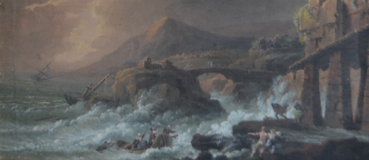 Gouache Du Naufrage Dans La Tempête Avec Ruines Gothiques, Début XIXe Siècle-photo-5