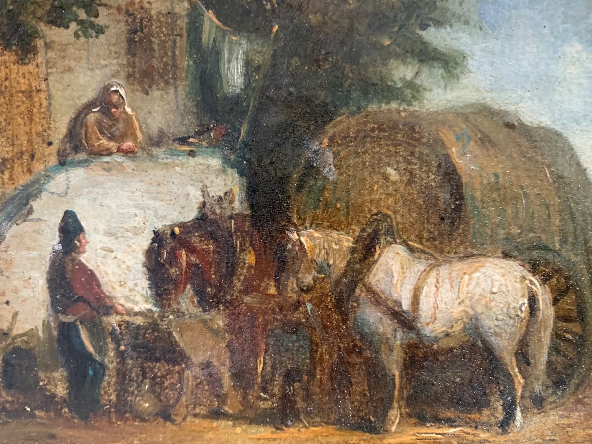  Scène De Cour Avec Paysans Et Chevaux, Entourage De Jules Jacques Veyrassat (1828-1893) -photo-3