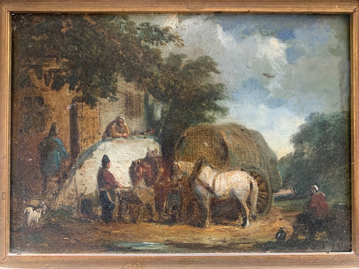  Scène De Cour Avec Paysans Et Chevaux, Entourage De Jules Jacques Veyrassat (1828-1893) 