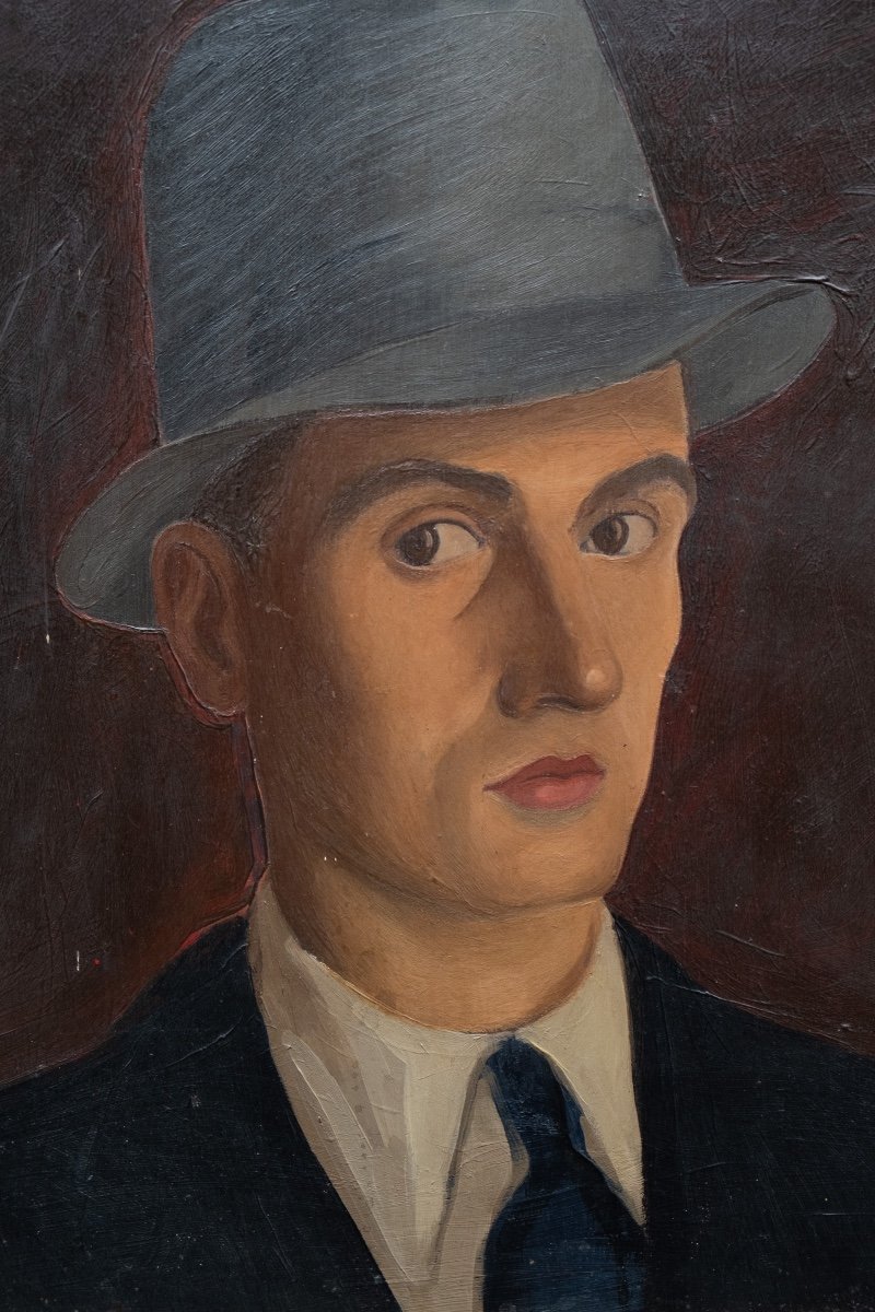 Man With Hat. Double-sided Portrait On Wood Panel. Turin, 1930s-photo-5