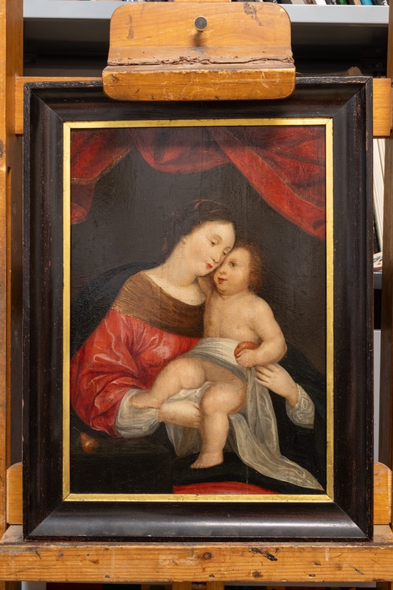 : XVIIe Siècle, Peinture Sur Panneau, école Flamande, Vierge à L’enfant Avec Drapé Rouge -photo-3