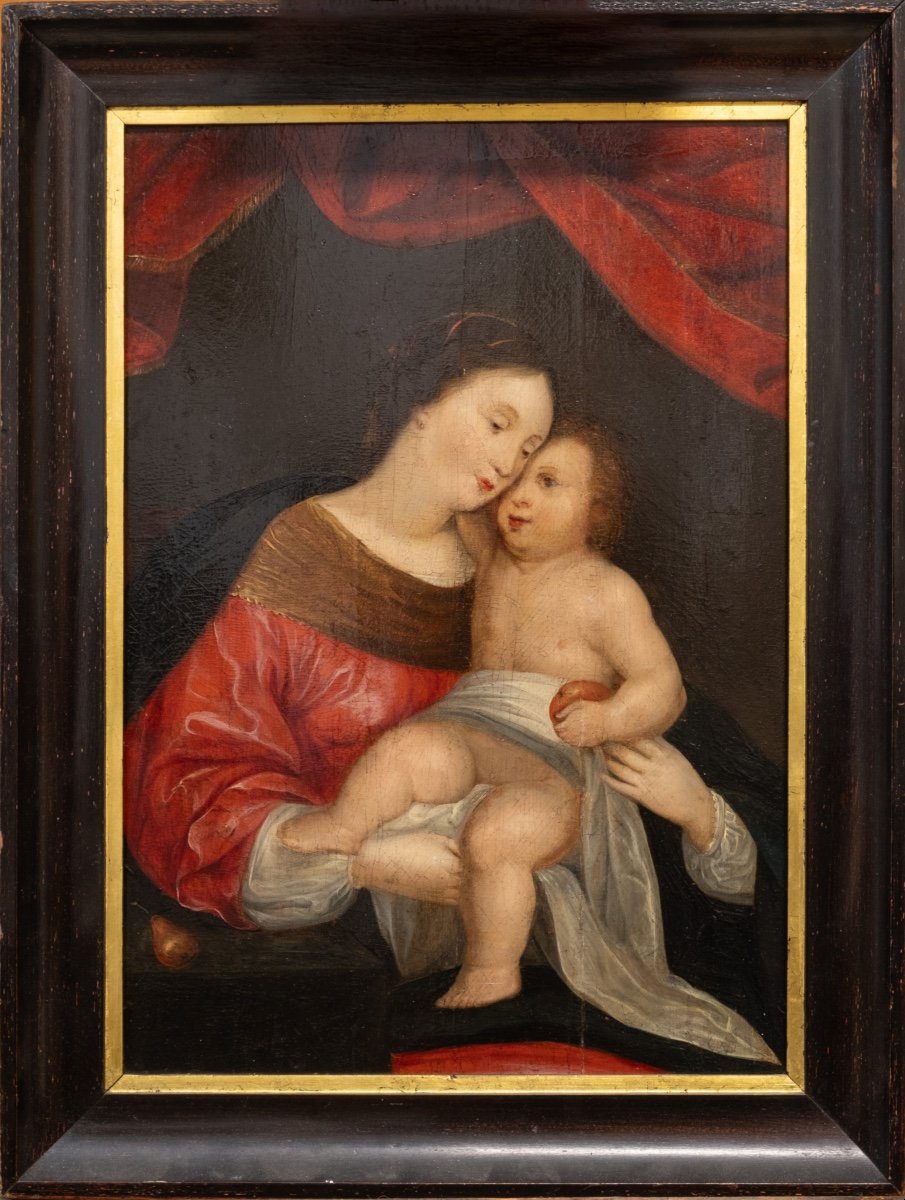 : XVIIe Siècle, Peinture Sur Panneau, école Flamande, Vierge à L’enfant Avec Drapé Rouge 