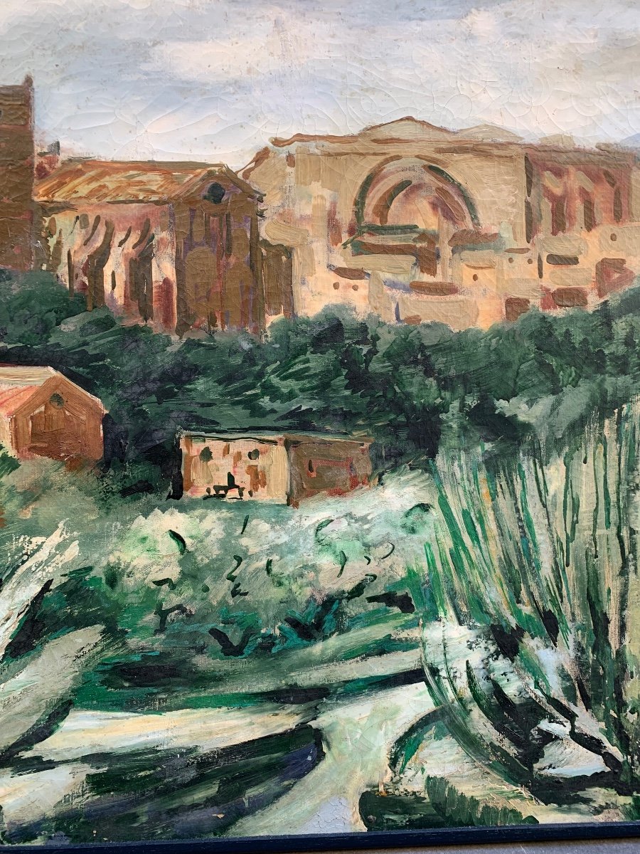 Southern Landscape With Medieval Church, Towers, And Agave, Oil On Canvas, Ca. 1920-1930-photo-2