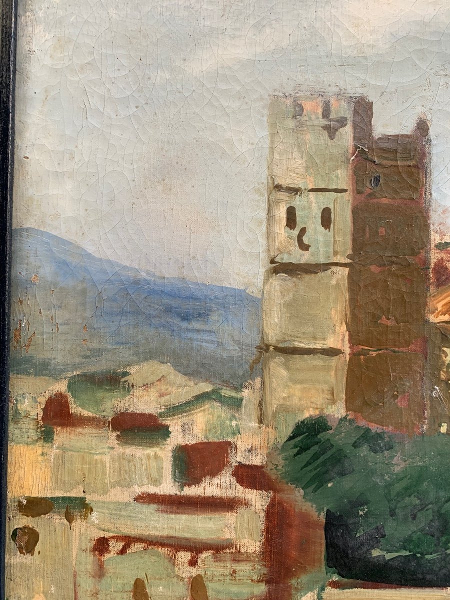 Southern Landscape With Medieval Church, Towers, And Agave, Oil On Canvas, Ca. 1920-1930-photo-2