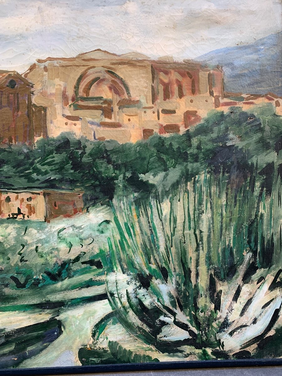 Southern Landscape With Medieval Church, Towers, And Agave, Oil On Canvas, Ca. 1920-1930-photo-4