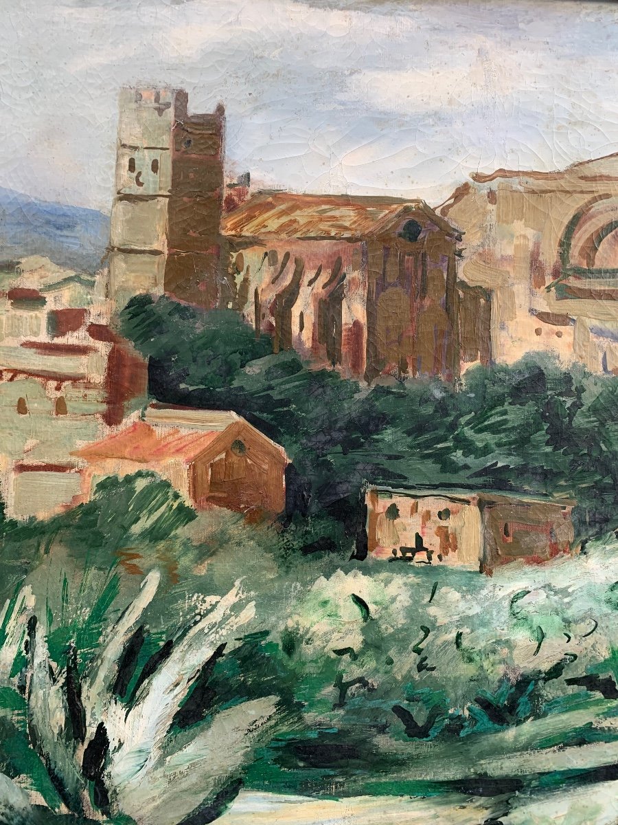 Southern Landscape With Medieval Church, Towers, And Agave, Oil On Canvas, Ca. 1920-1930-photo-5