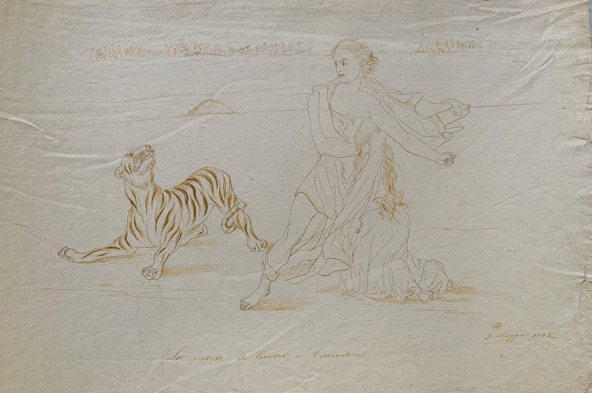 Combat Avec Tigre D’un Héros En Habits Classiques. Daté  1845