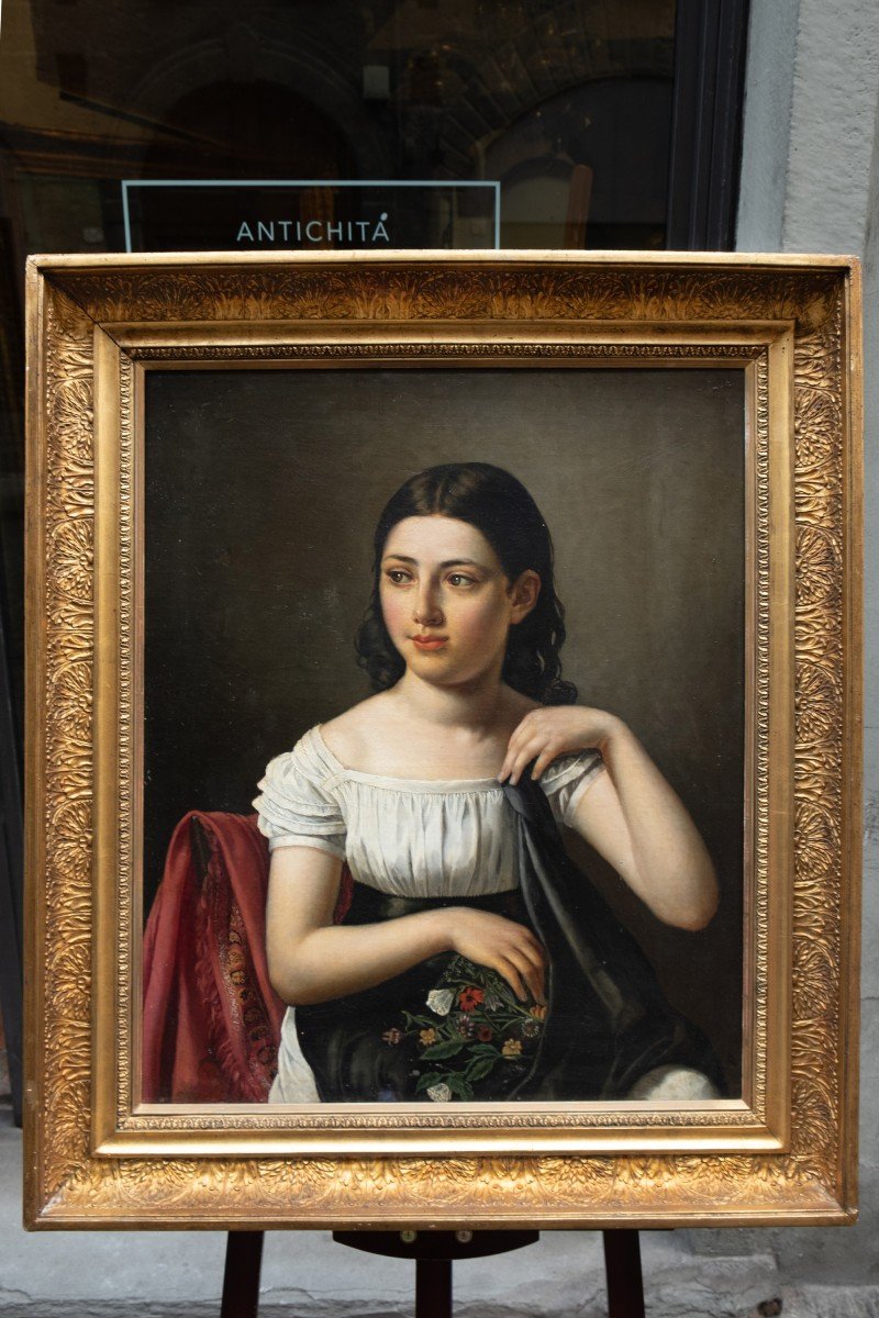 Romantic Portrait Of A Young Girl Holding Flowers.french School, Late 1820s-photo-4