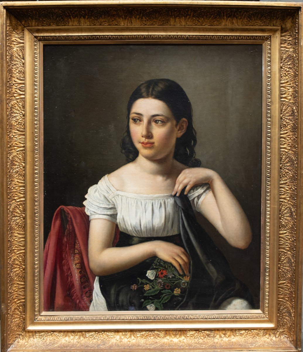 Romantic Portrait Of A Young Girl Holding Flowers.french School, Late 1820s