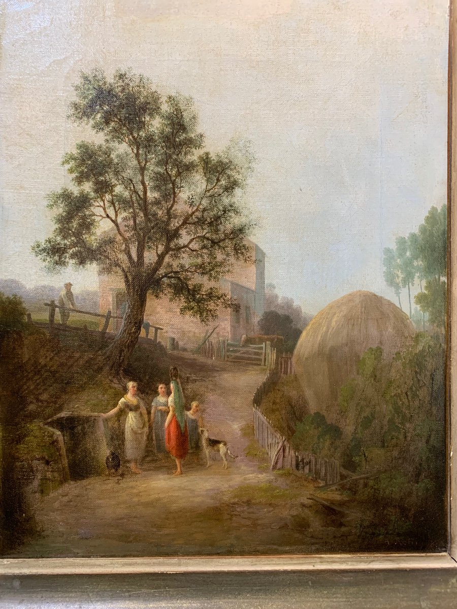 Scène Rurale Avec Paysannes Et Paysage Champêtre. XIXe Siècle. Signé A. Retti (?)-photo-6