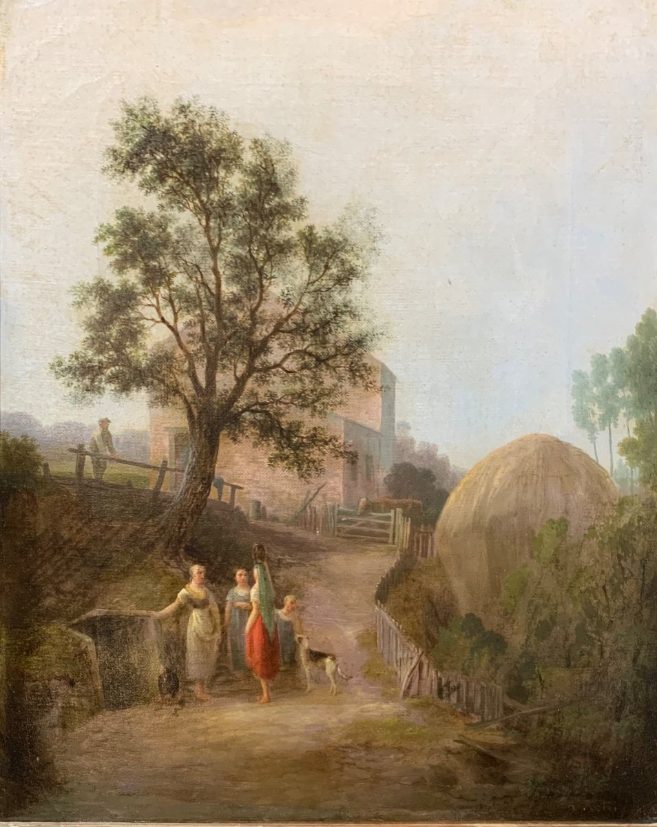 Scène Rurale Avec Paysannes Et Paysage Champêtre. XIXe Siècle. Signé A. Retti (?)