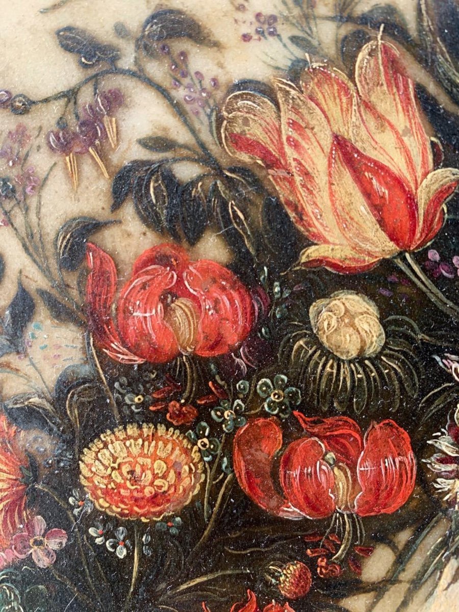 Flanders. XVII Cent Alabaster Floral Garlands With Tulips, Red Currants And Dragonfly. -photo-8