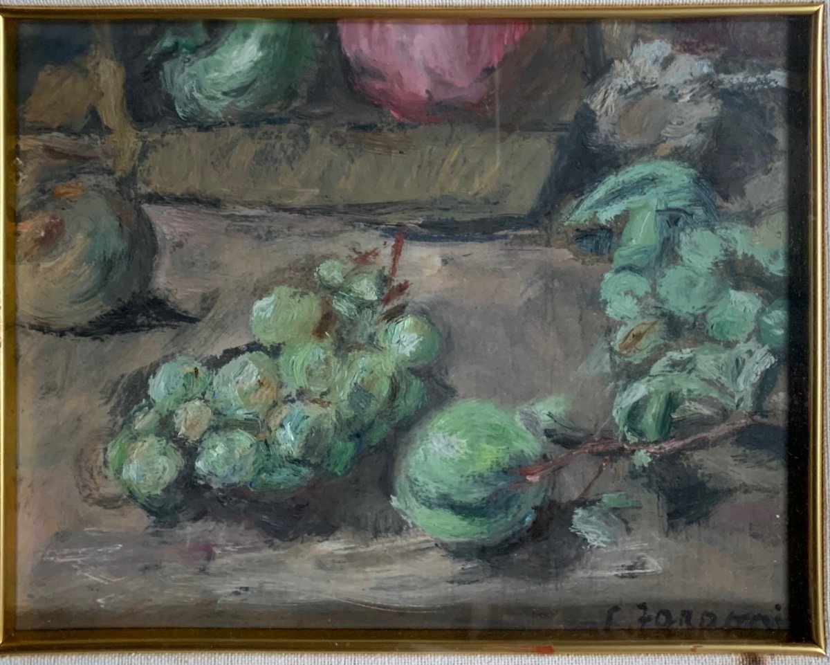 Still Life In Green With Grapes, Plums, Pears, And Mushroom, Enzo Faraoni