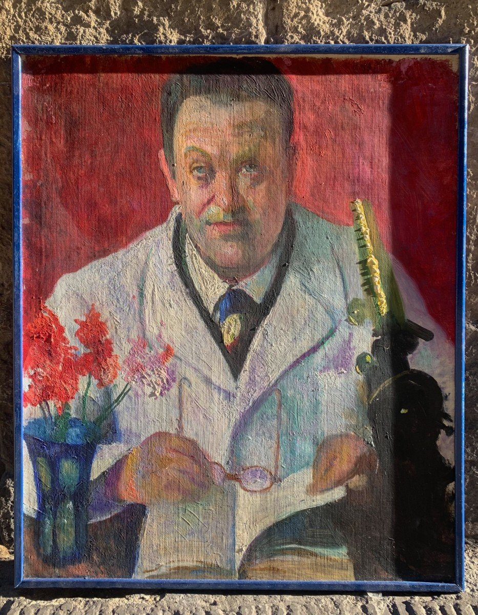 Portrait Of A Doctor With A Microscope.sign. Eduardo Gordigiani (1866–1961), Circa 1940-photo-1