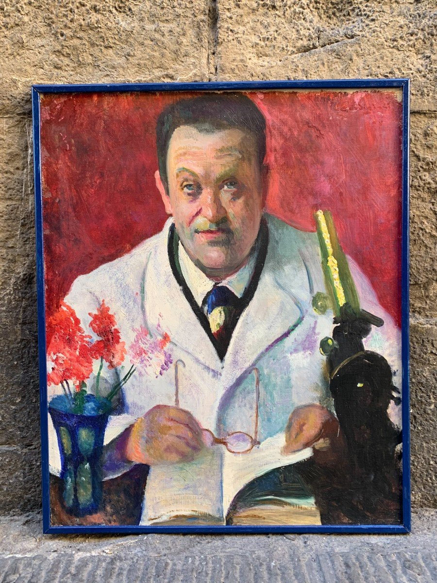 Portrait D’un Médecin Avec Un Microscope . Signé Eduardo Gordigiani (italien, 1866–1961) -photo-5