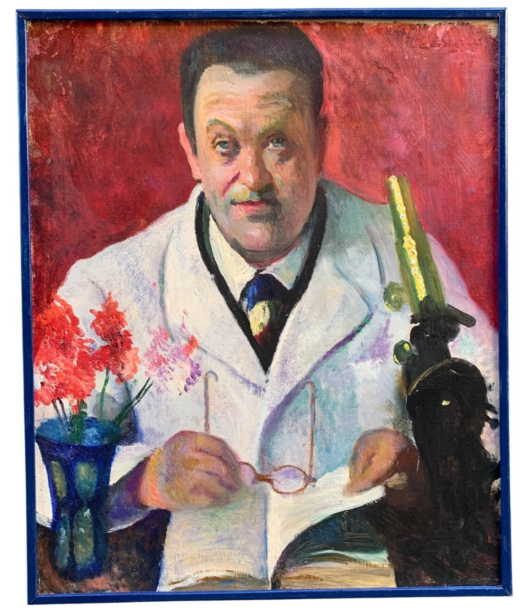 Portrait D’un Médecin Avec Un Microscope . Signé Eduardo Gordigiani (italien, 1866–1961) 