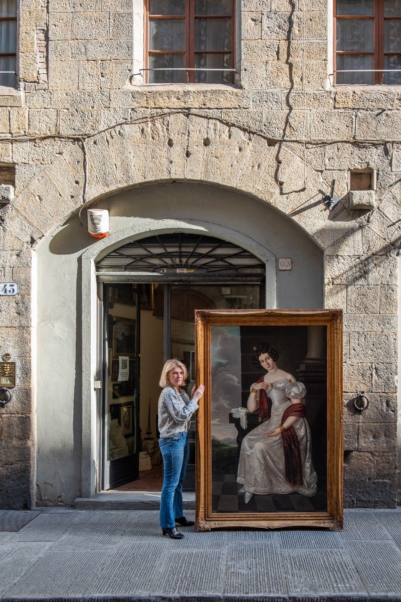 Portrait D’une Dame En Robe De Soie, Sceau De Bamberg. école Allemande, Années 1820. H cm220-photo-2