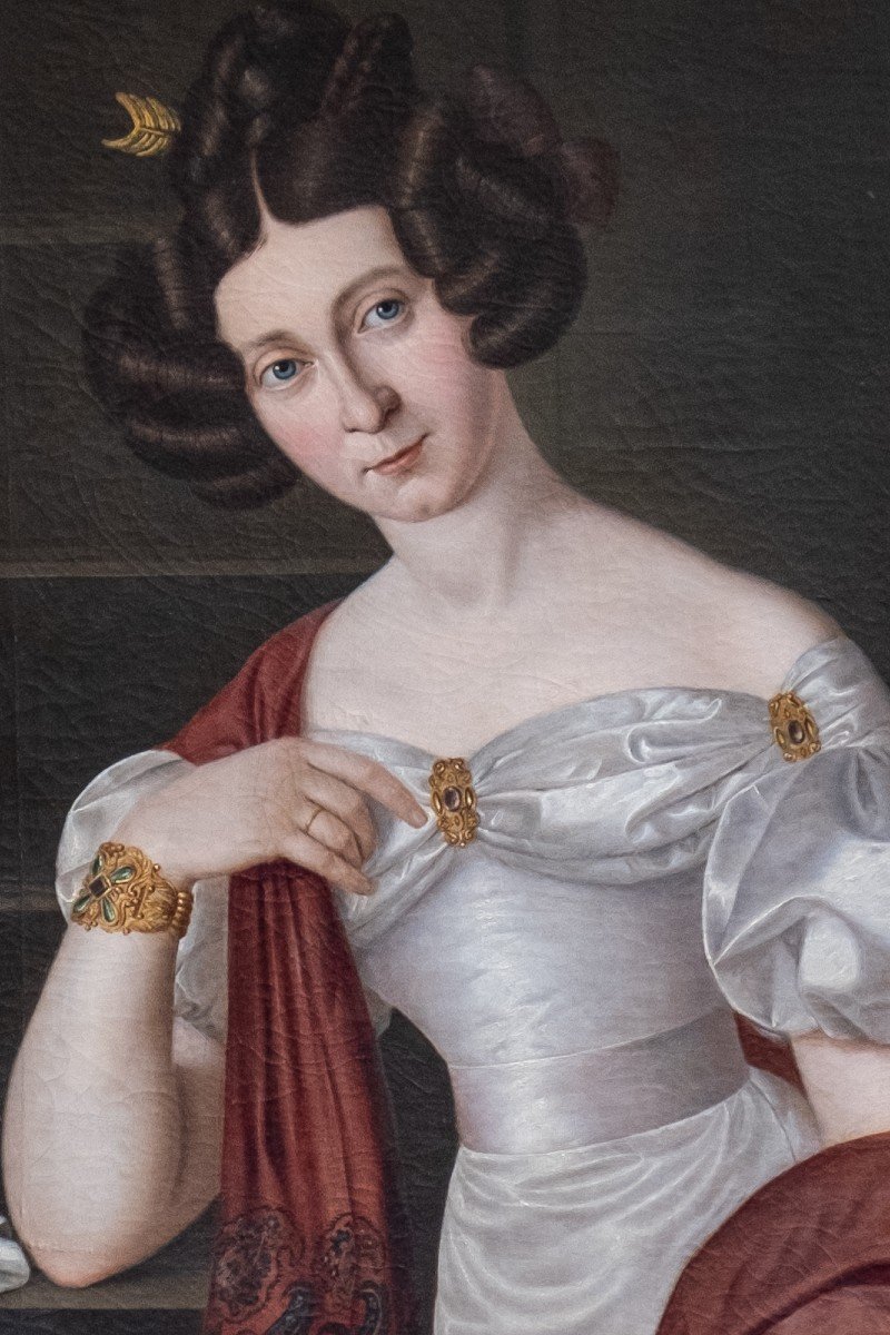 Portrait D’une Dame En Robe De Soie, Sceau De Bamberg. école Allemande, Années 1820. H cm220-photo-4