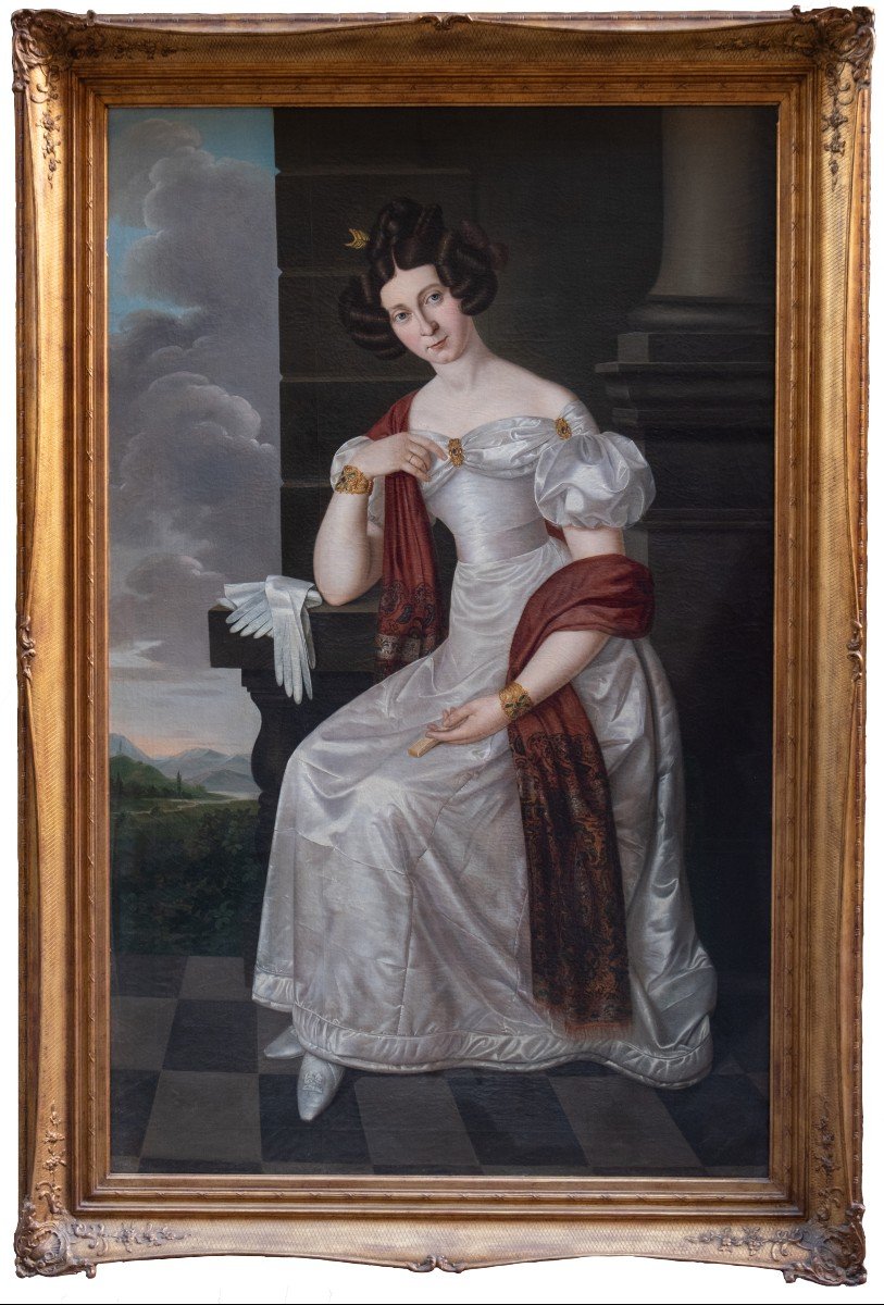 Portrait D’une Dame En Robe De Soie, Sceau De Bamberg. école Allemande, Années 1820. H cm220