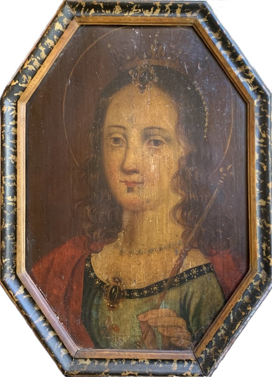 Saint Clotilde. Octagonal Painting On Panel, Circa 1700.