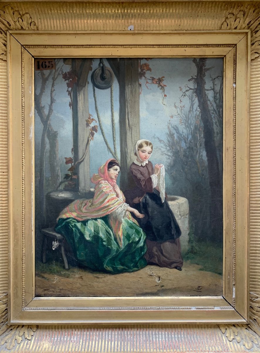 Deux Jeunes Femmes Près d'Un Puits, Vers 1850 . Monogrammé -photo-2