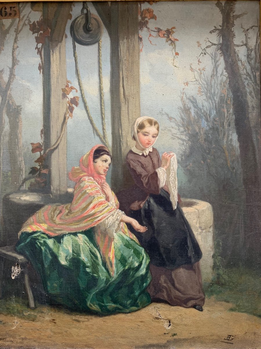 Deux Jeunes Femmes Près d'Un Puits, Vers 1850 . Monogrammé 