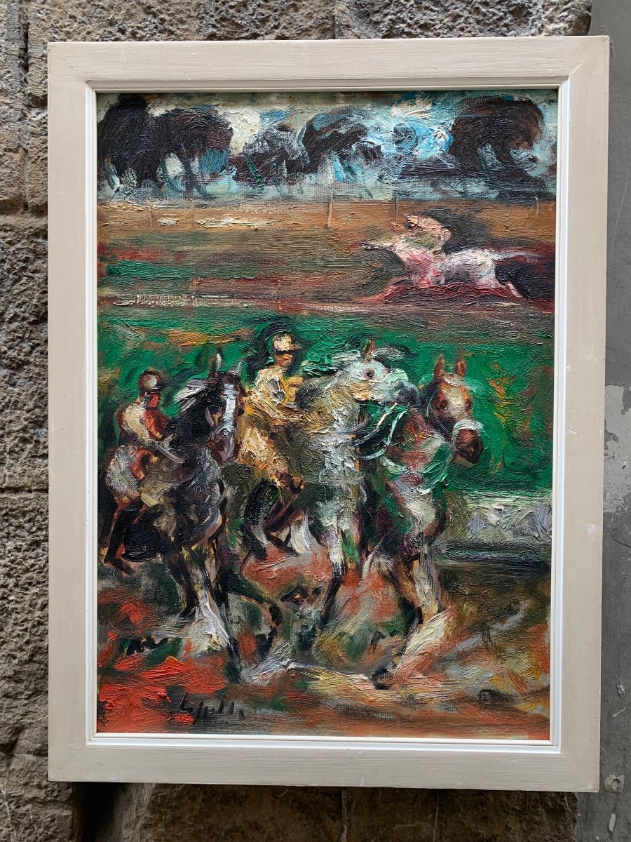 At The Racetrack. Painting By Emanuele Cappello, Born In 1936-photo-4