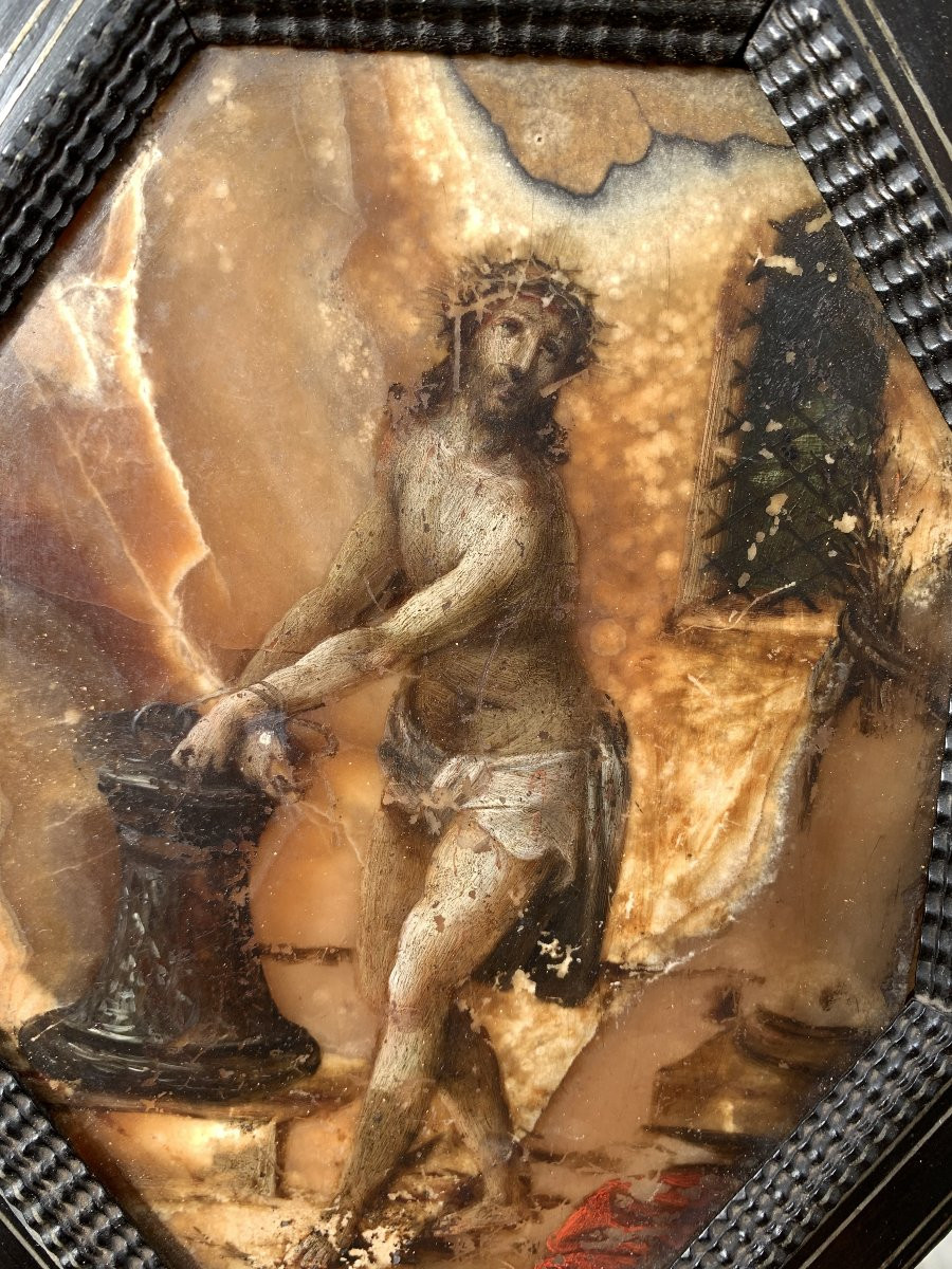 Painting On Stone (alabaster), 17th Century: Christ At The Column, Italian School-photo-2