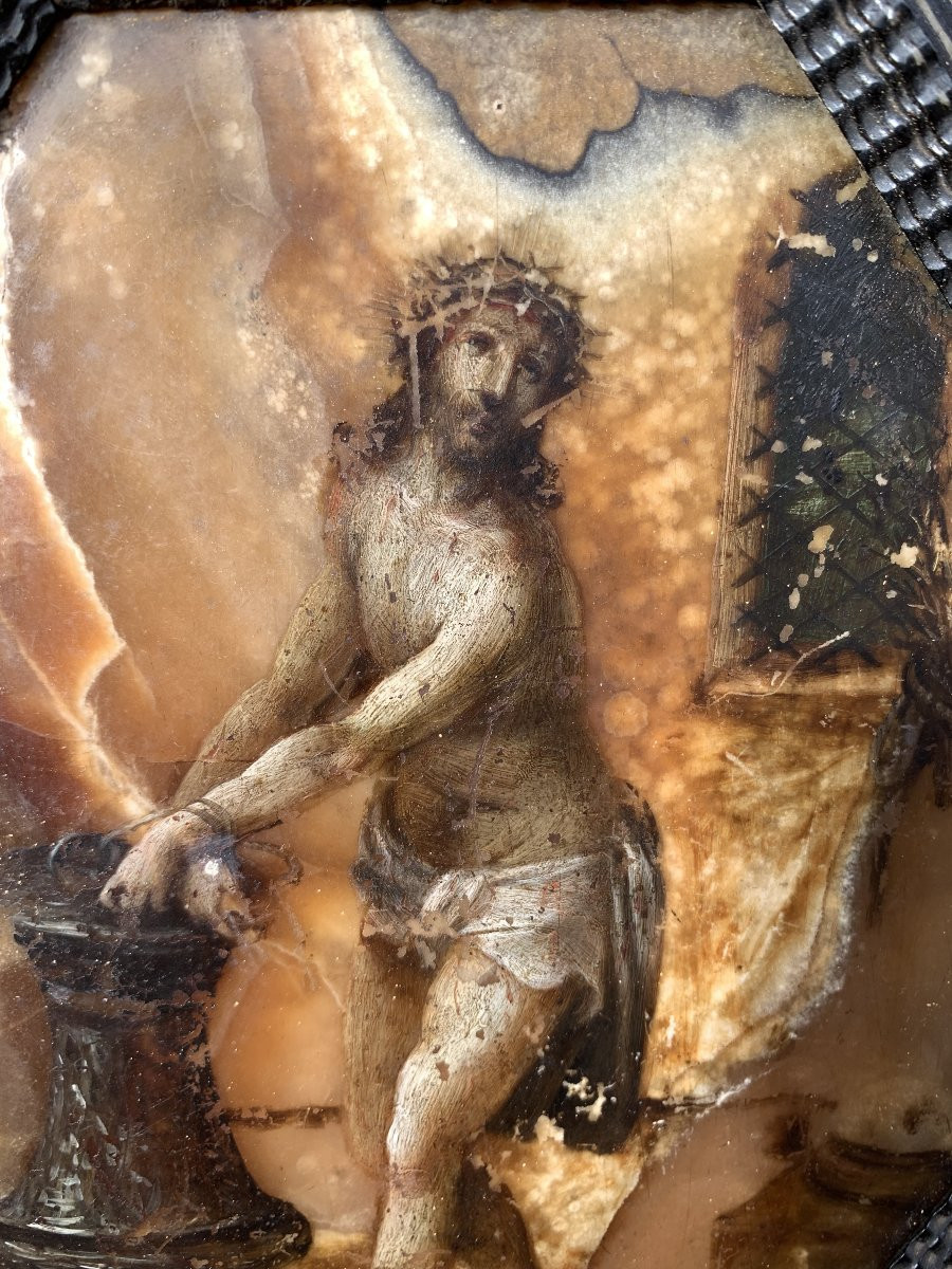 Painting On Stone (alabaster), 17th Century: Christ At The Column, Italian School-photo-3