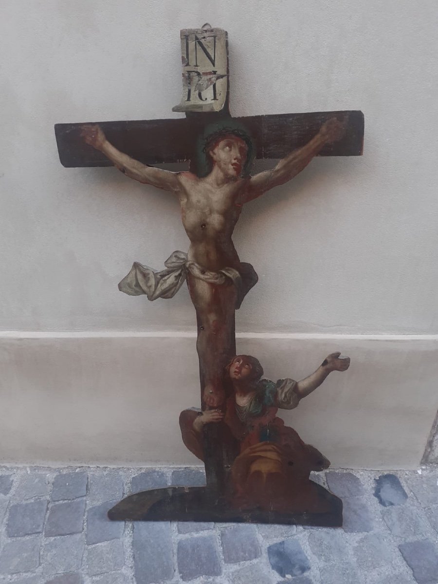 Crucifix Avec Magdalene.  Peinture à l'Huile Sur Bois.  XVIII Siècle.  -photo-7